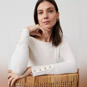 Ann Taylor White Long Sleeve Top with Gold Button Accents